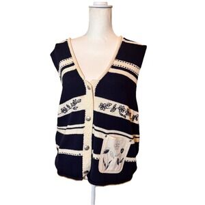 Susan Bristol Casuals Sweater Vest Womens Medium Navy Cream Striped Cottagecore